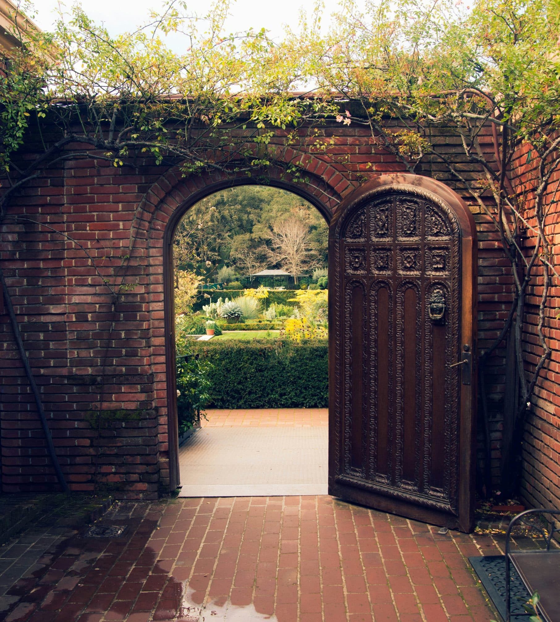 a door opening to a green garden courtyard